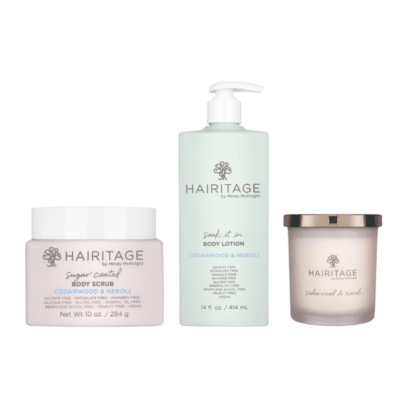Hairitage Soak It In Cedarwood & Neroli Scented Body Lotion + Sugar Coated Cedarwood & Neroli Scented Exfoliating Body Scrub + Light Me Up Cedarwood & Neroli Scented Candle (Variety Pack)