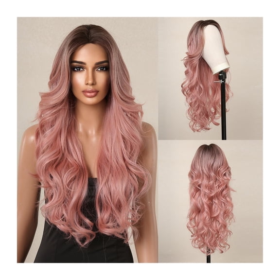 Hairline Lace Long Curly Hair Wigs Brown Pink Synthetic Wig for Women Body Wave Lace Hair Pink Cosplay Wig Heat Resistant