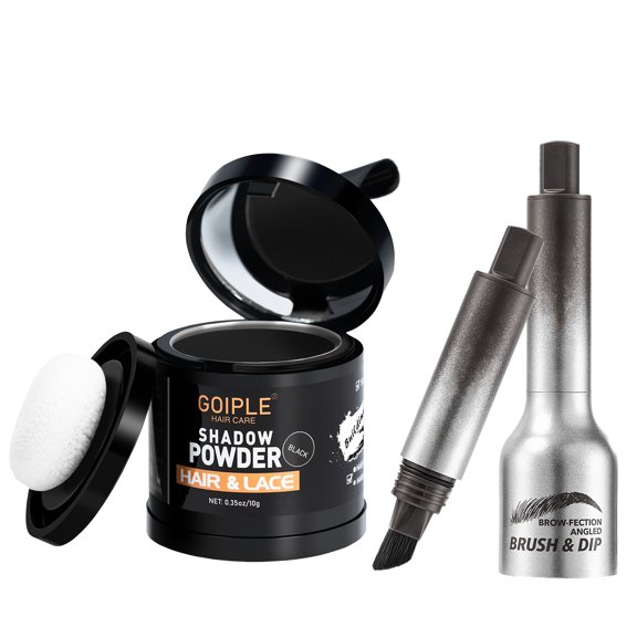 Goiple Hairline Powder with Brush & Dip Eyebrow Pencil Kit: Instantly Conceals Gray & White Hair on Lace Wigs, Root Touch - Up Powder with Long - Lasting Hold; Comes with Mirror and Powder Puff(Black