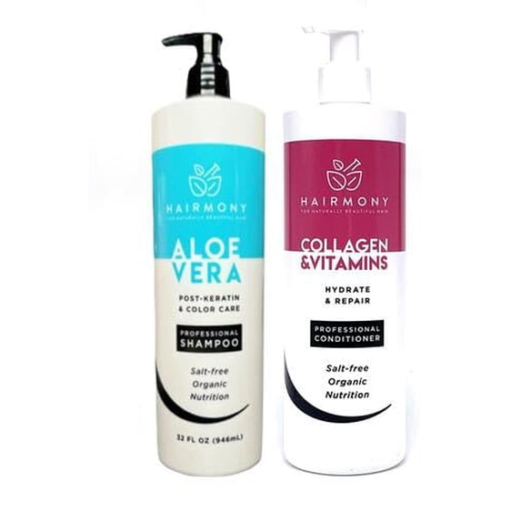 Hairmony Professional Post-Keratin & Color Care Kit, Aloe Vera Shampoo 32 fl.oz. + Collagen & Vitamins Conditioner 32 fl.oz