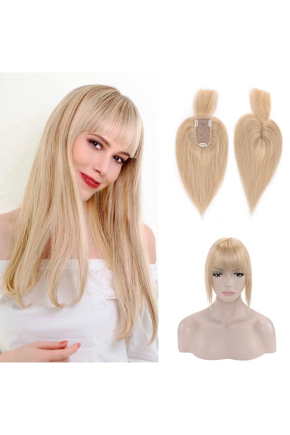 Hairpiece 100% Real Human Hair Toppers with Bangs for Woman 14 inchNatural Blonde