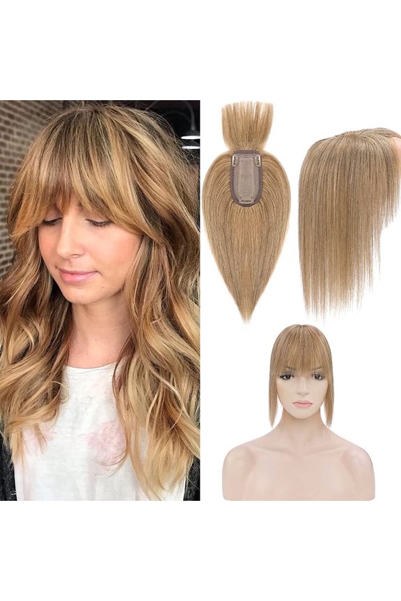 Hairpiece 100% Real Human Hair Toppers with Bangs for Woman 16 inchDark Blonde