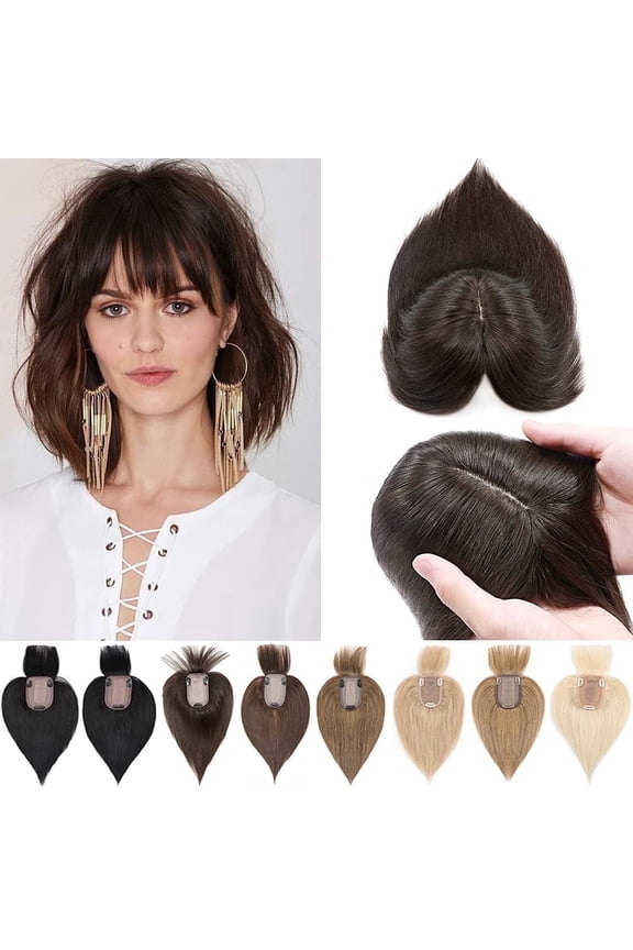 100% Real Human Hair Toppers with Bangs for Woman 16inch Dark Brown