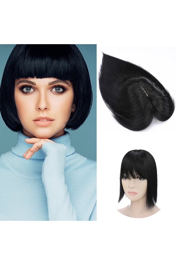 Hairpiece 100% Real Human Hair Toppers with Bangs 16 inch Jet Black