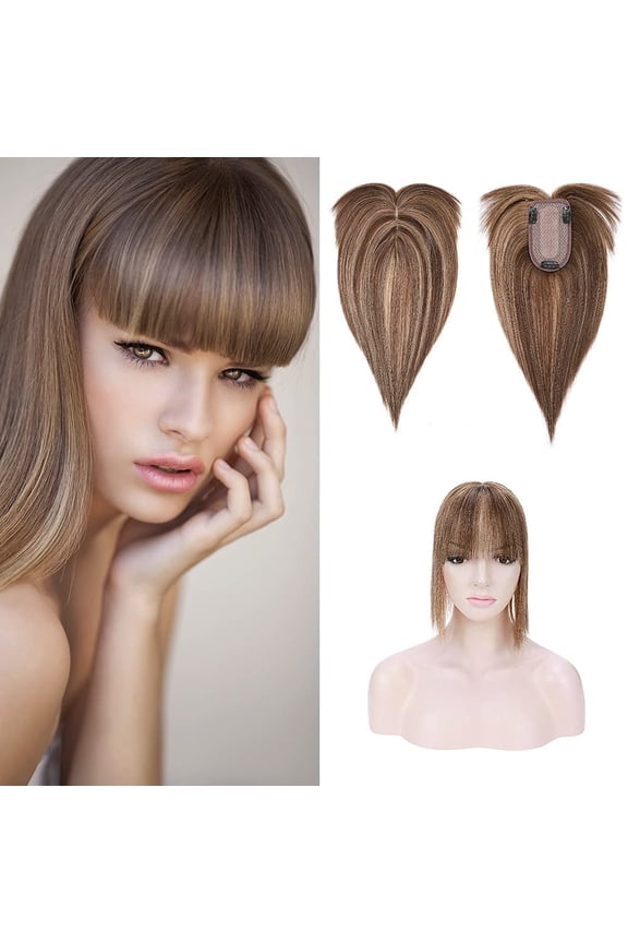 Hairpiece 100% Real Human Hair Toppers with Bangs 16 inchMedium Brown and Dark Blonde