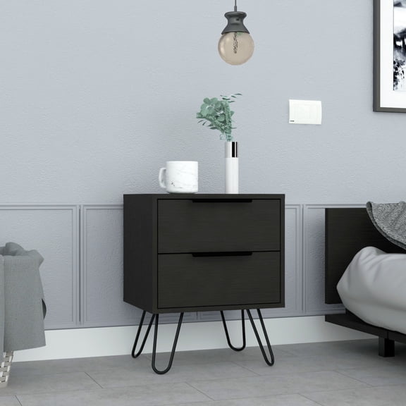 Hairpin Leg Black Nightstand with Two Drawers | Convenient Storage for Small Stuff, Ample Top for Workspace | Particle Board Build | Eliminate Mess in Your Room