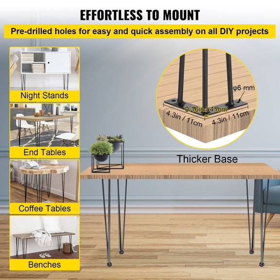 Hairpin Table Legs 16" Black Set of 4 Desk Legs 880lbs Load Capacity (Each 220lbs) Hairpin Desk Legs 3 Rods for Bench Desk Dining End Table Chairs Carbon Steel DIY Heavy Duty Furniture Legs