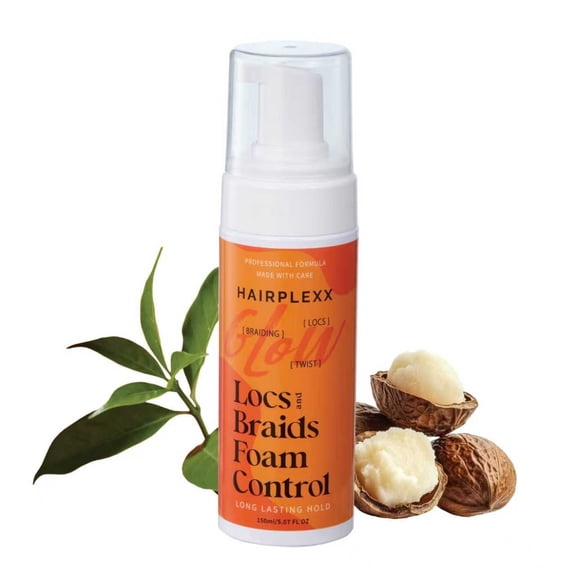 Hairplexx Glow Locs & Braids Foam Control Frizz Taming & Fast-Drying Styling Mousse for Braids, Locs & Twists Long-Lasting Hold and Scalp-Calming Formula Tea Tree Leaf & Castor Oil 5.07oz