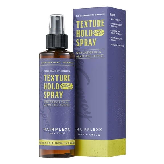 Hairplexx Texture Hold Spray  Hard Hold Styling Spray with Shine | Lightweight Formula with Castor Oil & Grape Seed Extract  Adds Texture, Volume & UV Protection  6.76 oz