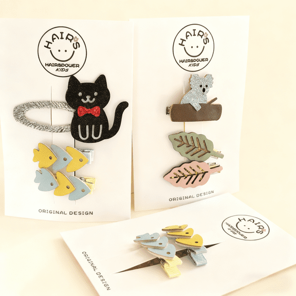 Hairspower Original Design Cat & Koala Hair Clips Set (8-Pieces) - Fish & Leaf Accent Styles
