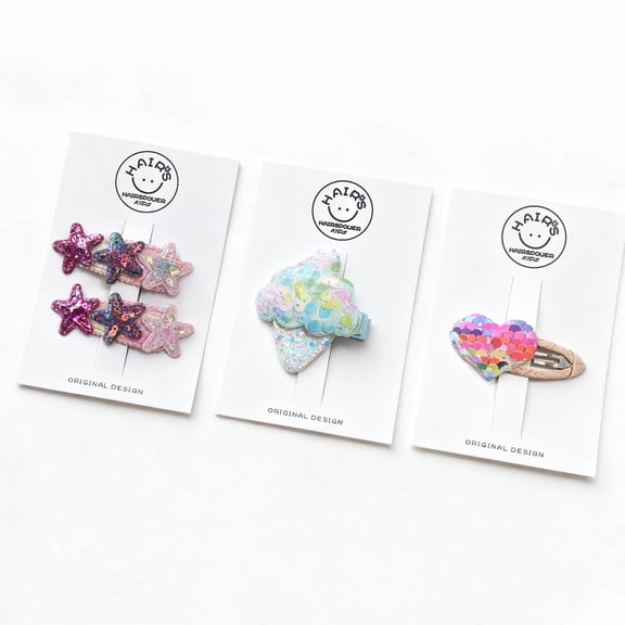 Hairspower Original Design Sequin Hair Clips Set (4-Pieces) - Star, Ice Cream & Heart Styles