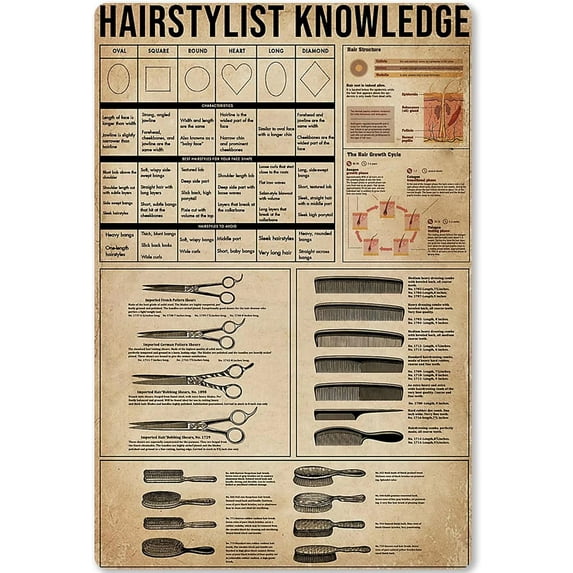Hairstylist Knowledge Metal Tin Signage Hairdresser Information Infographic Poster Plaque for Club Cafe Bar Home Kitchen Wall Decoration 8x12 Inches