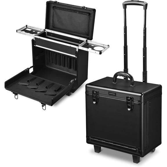Hairstylist Rolling Makeup Train Case 15x9x16 Large Storage Lockable Cosmetic Trolley with Hair Dryer Holder PVC Barber Hair Salon Clipper Trimmer Tool Appliance Box Black