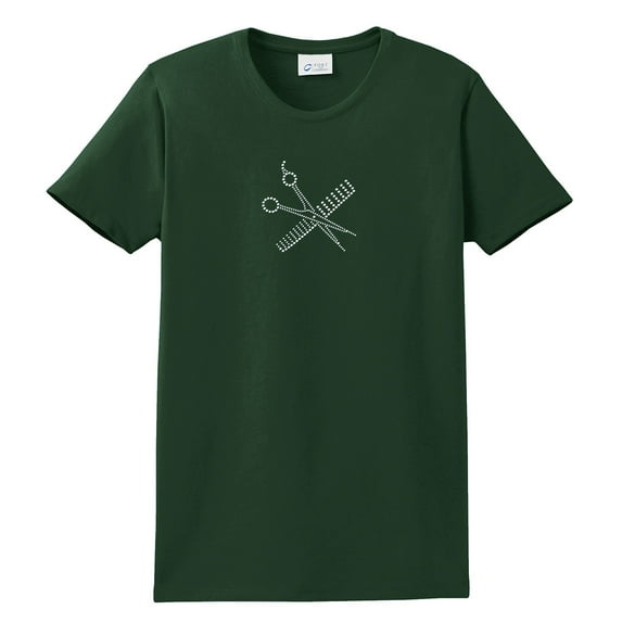 Hairstylist Short Sleeve T-shirt Rhinestones Comb & Scissors-Forest-Medium