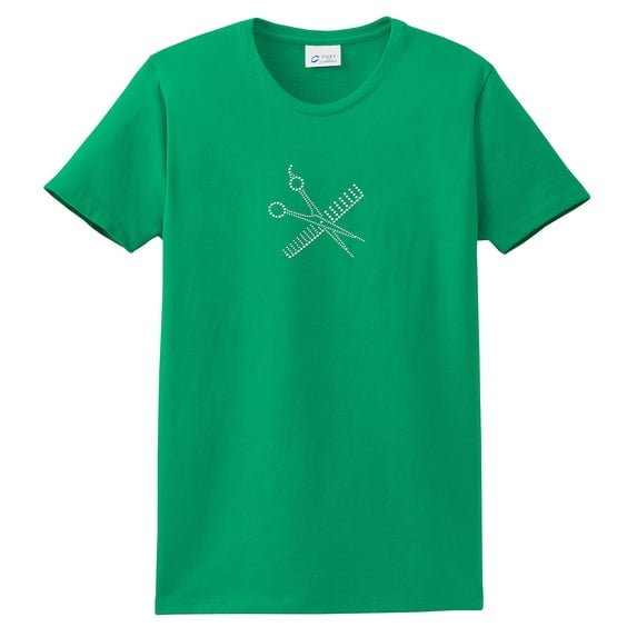 Hairstylist Short Sleeve T-shirt Rhinestones Comb & Scissors-Kelly-Small