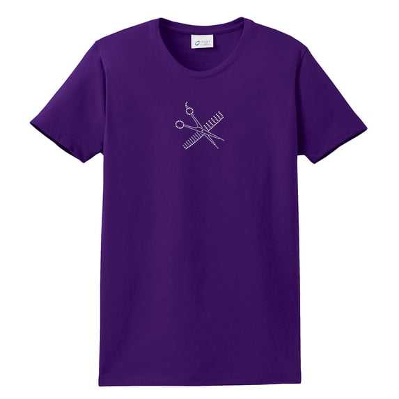 Hairstylist Short Sleeve T-shirt Rhinestones Comb & Scissors-Purple-Small