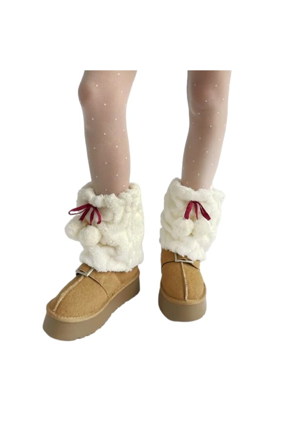 Hairy Balls Bowknot Plush Leg Covers Warm Winter Accessory for Women Winter Thick Furry Leg Warmers Boot Toppers Cuffs