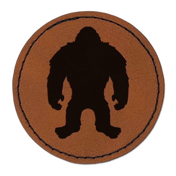 Hairy Bigfoot Sasquatch Standing Silhouette 2.5" Faux Leather Round Engraved Iron-On Patch - Brown