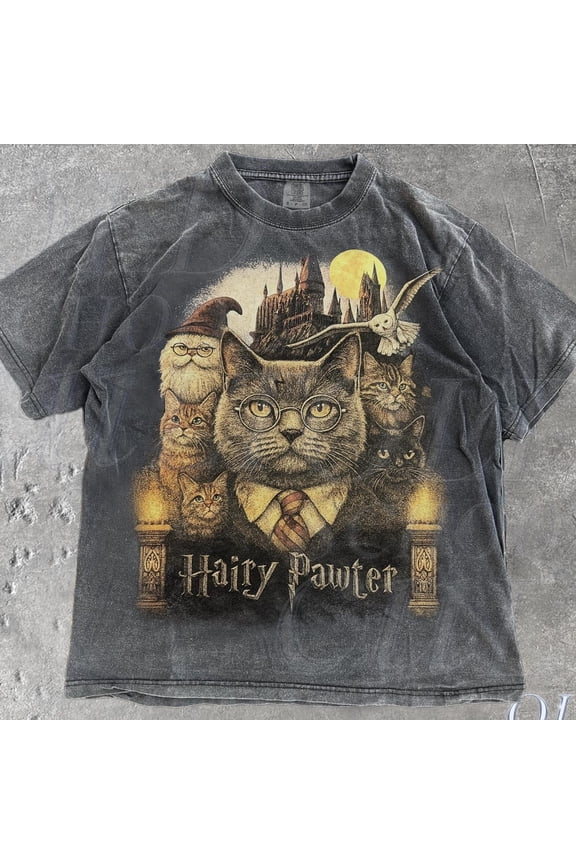 Hairy Pawter Vintage 90S Graphic Shirt, Retro Funny Cat Shirt, Cat Wizard Fantasy Shirt, Wizarding School Tee, Reader Gift DARK HEATHER Unisex S-5XL Hot Trending Shirt, Vintage Birthday Gift