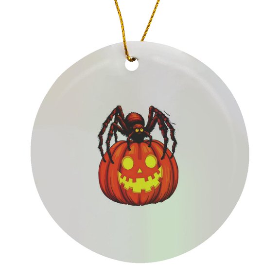 3drose, Hairy Spider Sitting Atop a Pumpkin Jack O Lantern Fun Cut-out, Circle Porcelain Ornament