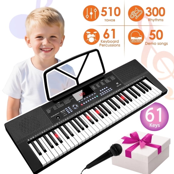 Hairycotar Upgraded 61-Key Piano Keyboard Set with Sheet Music Stand, Microphone, Auto Accompaniment, Metronome, Beginner Gift, Black