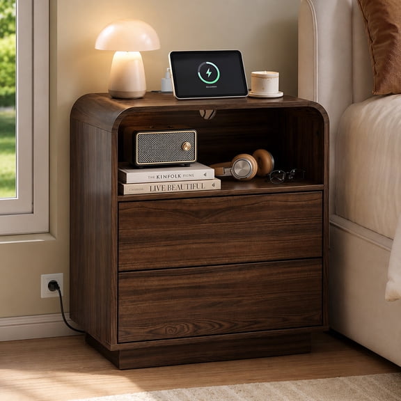 Hiaso 2 Drawers Nightstand with Charging Station, Small Sofa Table with Storage Open Shelf, Wooden Storage Cabinet for Living Room, Walnut Finish