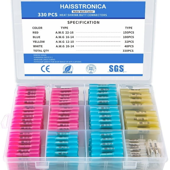 Haisstronica Heat Shrink Butt Connectors Kit, Waterproof, 330PCS, Tinned Copper