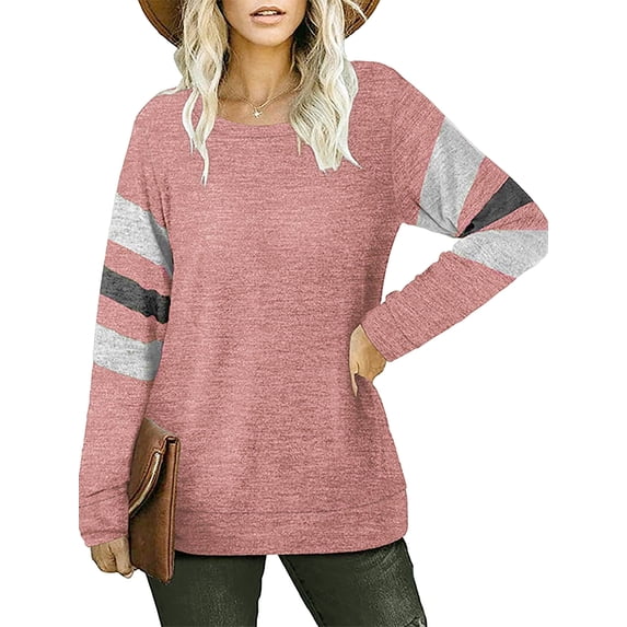 Haite Ladies Color Block Long Sleeve T-shirt Round Collar Striped Pullover Dailywear Crew Neck Sweatshirts Pink 2XL