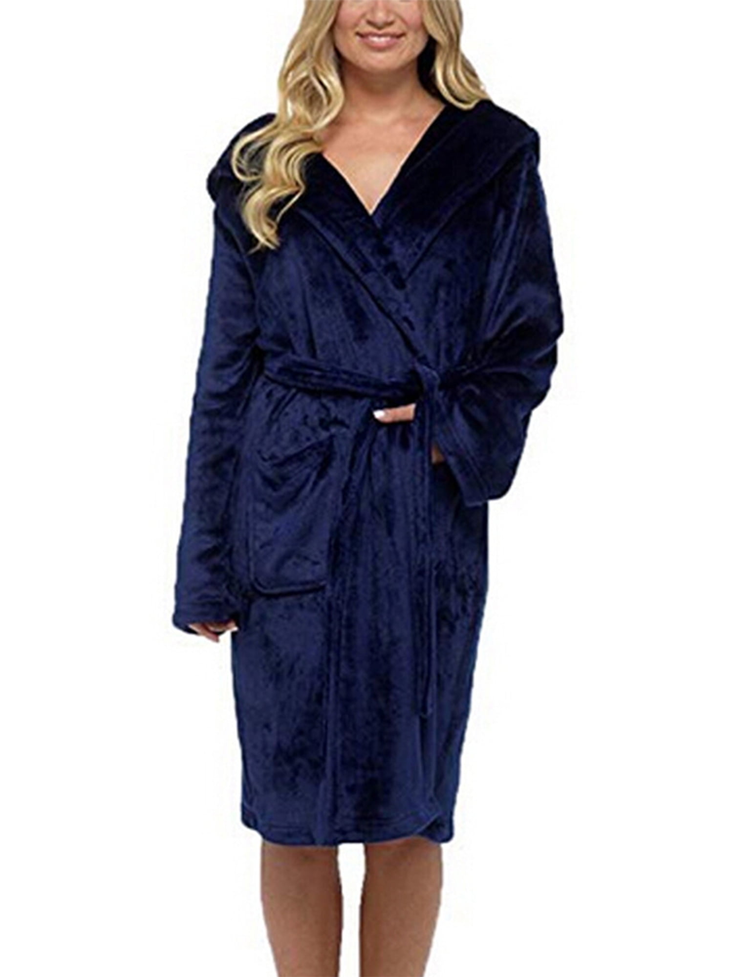 Haite Ladies Fuzzy Plush Bathrobes V Neck Sherpa Robe Hooded Fleece