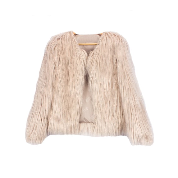 Haite Ladies Long Sleeve Cropped Coat Plain Buttons Jacket Winter Solid Color Faux Fur Outwear Khaki L