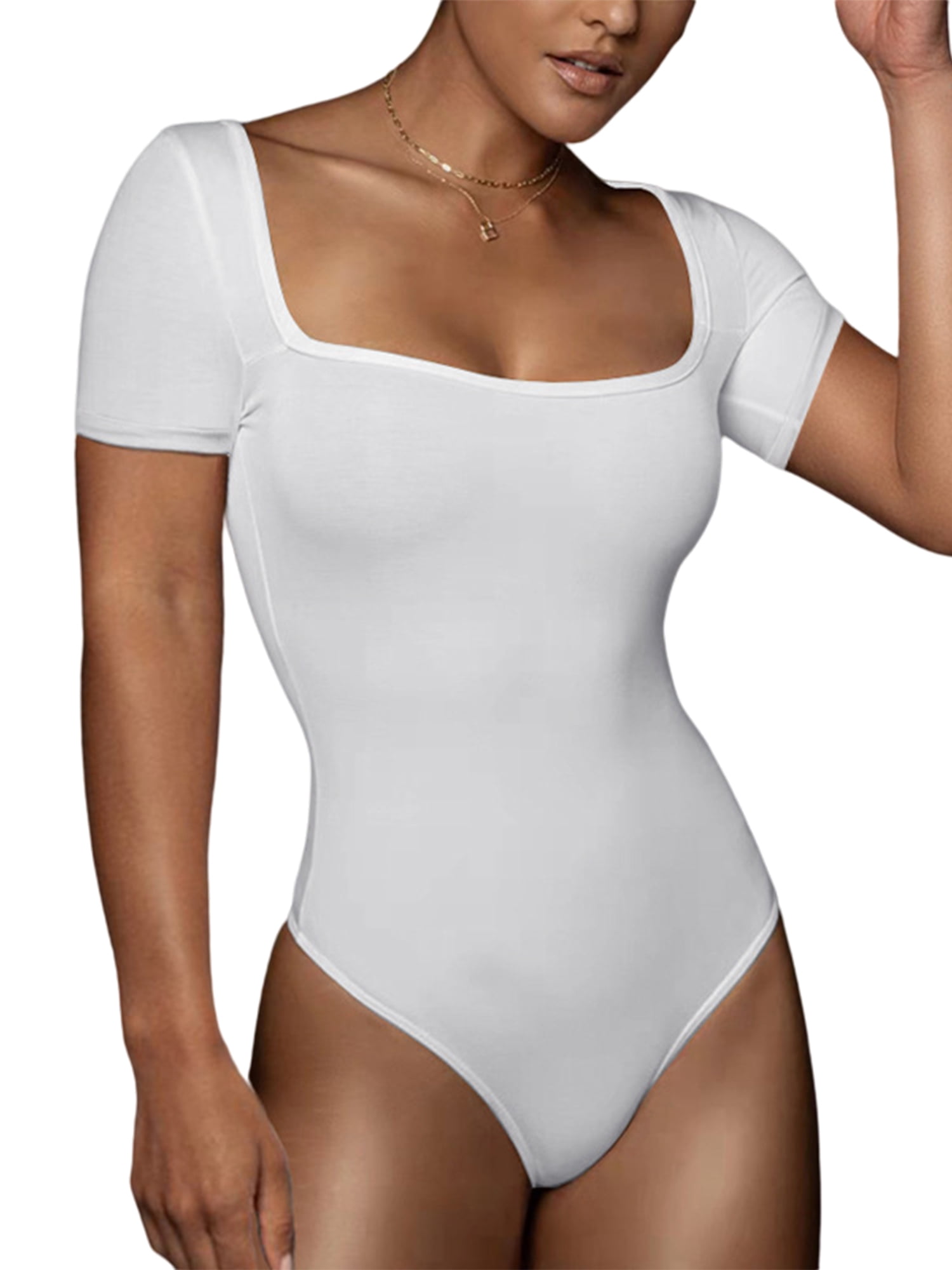 Haite Ladies Solid Color Short Sleeve Shirt Square Neck Bodysuit Beach Leotard Romper White 2XL - Walmart.com