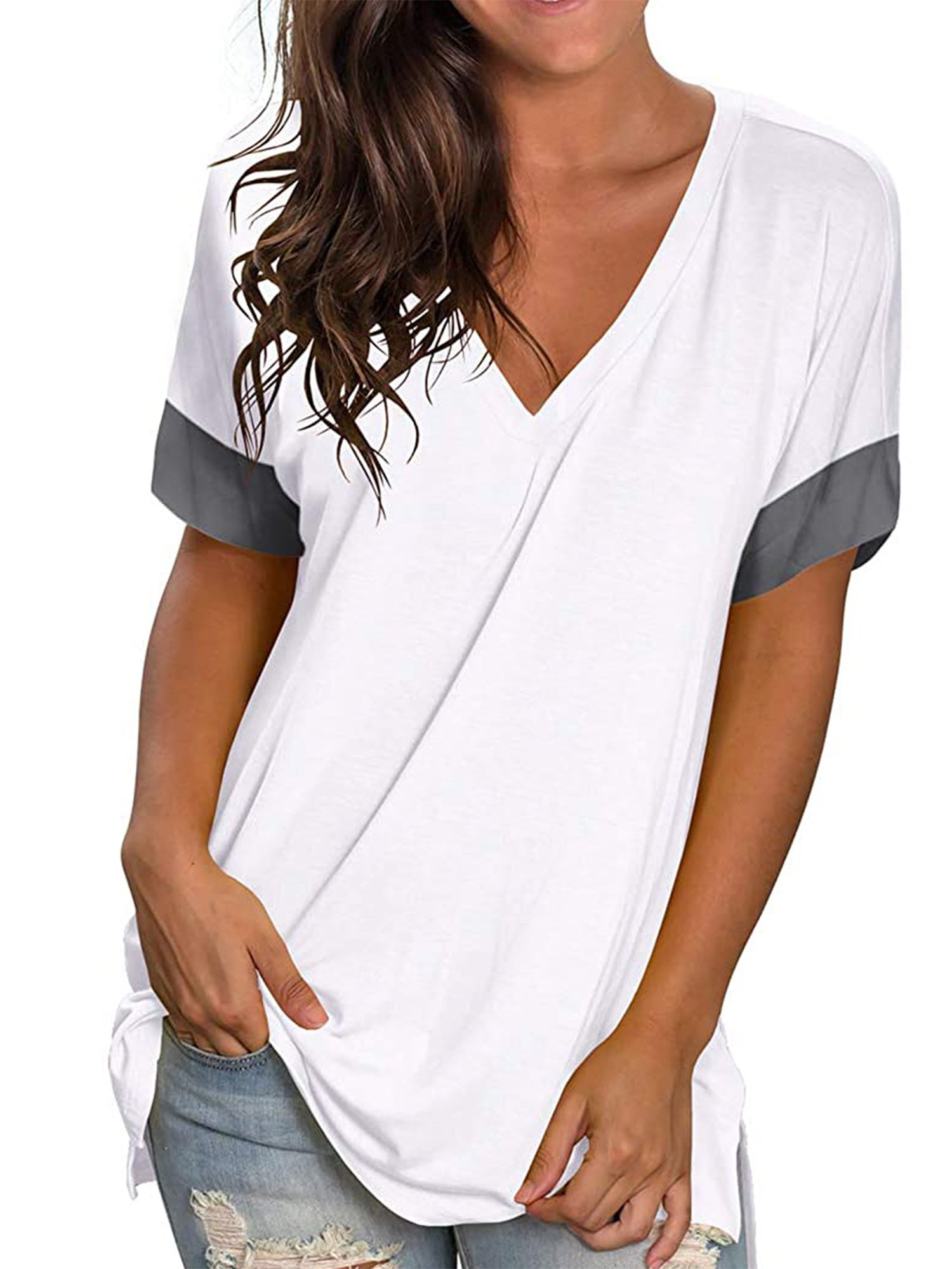 Haite Ladies Solid Color Side Split T Shirt Casual V Neck Tunic Blouse  Holiday Short Sleeve Stitched Pullover 