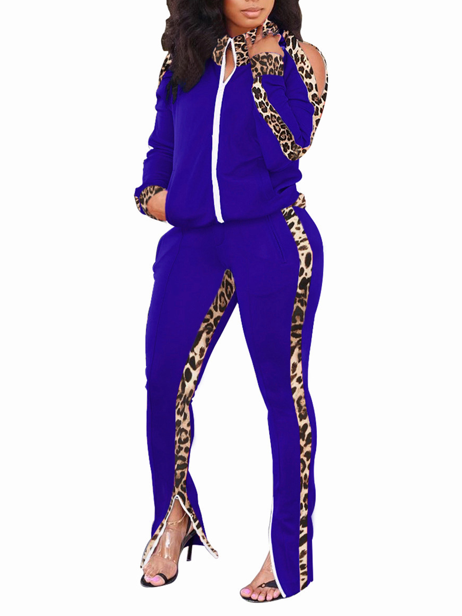 Haite Ladies Sweatsuits Leopard Print Two Piece Outfit Full Zip Jogger