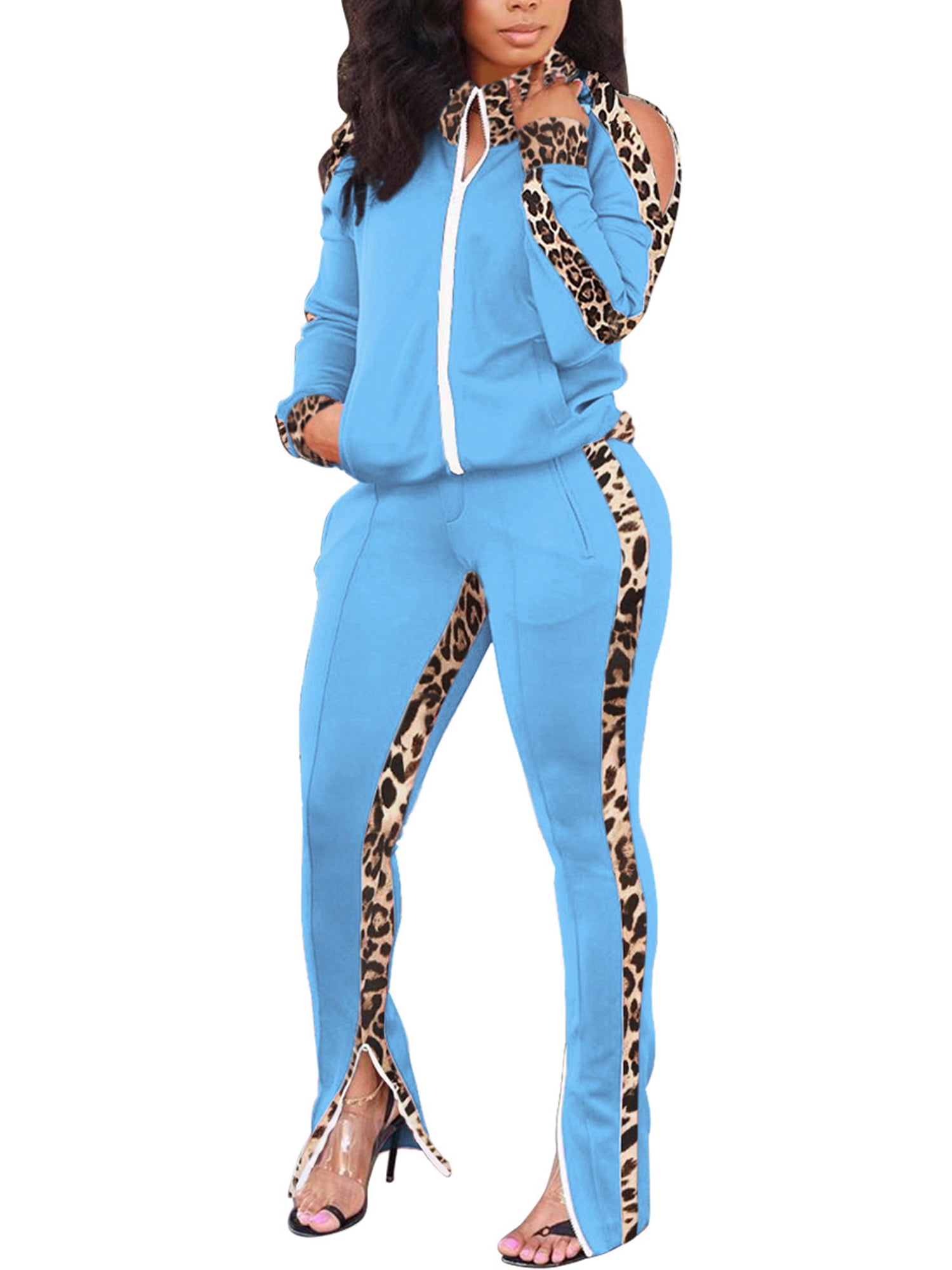Haite Ladies Sweatsuits Leopard Print Two Piece Outfit Full Zip Jogger