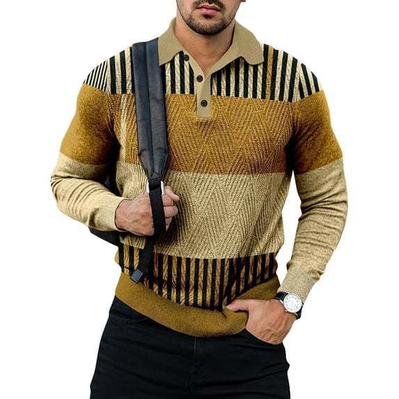 Haite Men Lapel Neck Long Sleeve Polo Shirt Striped Geometric Print Tops Casual Classic Fit Work Buttons T-Shirt Style E 2XL