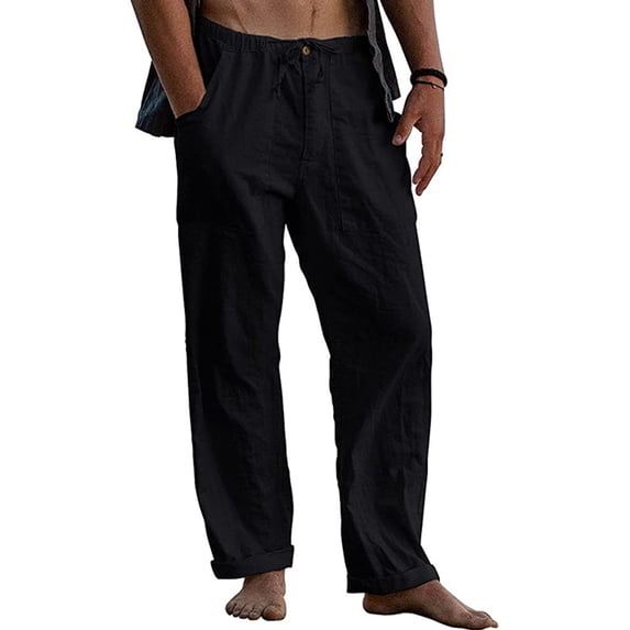 Haite Mens Linen Yoga Pants Loose Casual Summer Beach Pants Lightweight Elastic Waist Drawstring Long Pants