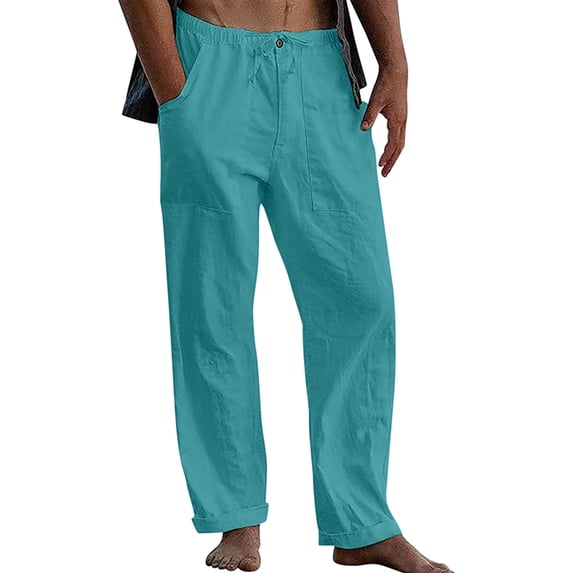 Haite Mens Linen Yoga Pants Loose Casual Summer Beach Pants Lightweight Elastic Waist Drawstring Long Pants