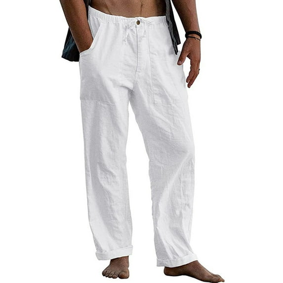 Haite Mens Linen Yoga Pants Loose Casual Summer Beach Pants Lightweight Elastic Waist Drawstring Long Pants