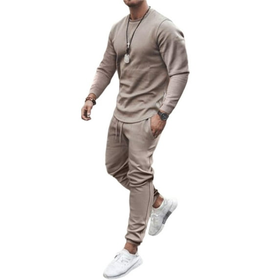 Haite Mens Two Pieces Solid Color Lounge Sets Casual Drawstring Homewear Sports 2 Pcs Crew Neck Sweatsuit Khaki L