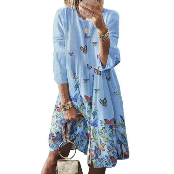 Haite Women Butterfly Print Midi Dress Casual Loose Baggy Dress 3/4 Sleeve Beach Party Dress