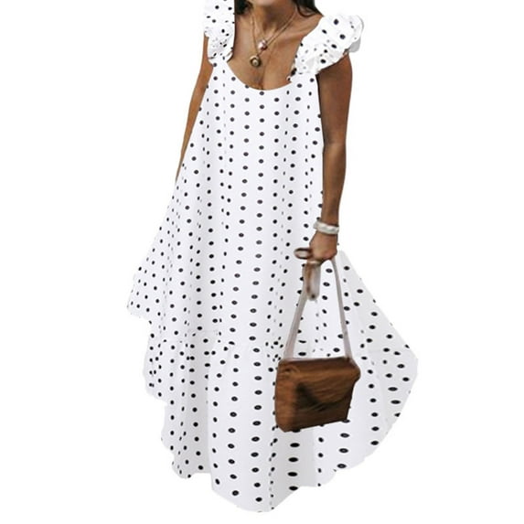 Haite Women Crew Neck Irregular Hem Sundress Wide Strap Swing Long Dress Summer Ruffle Polka Dot Maxi Dresses