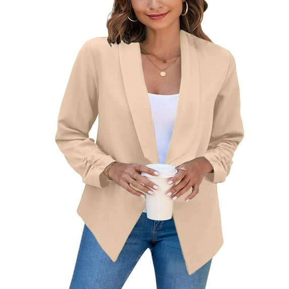 Haite Women Cropped Blazers Suit Coat Open Front Suit Jacket Casual Lapel Blazer Plain Long Sleeve Outwear Plus Size S-5XL Beige 2XL