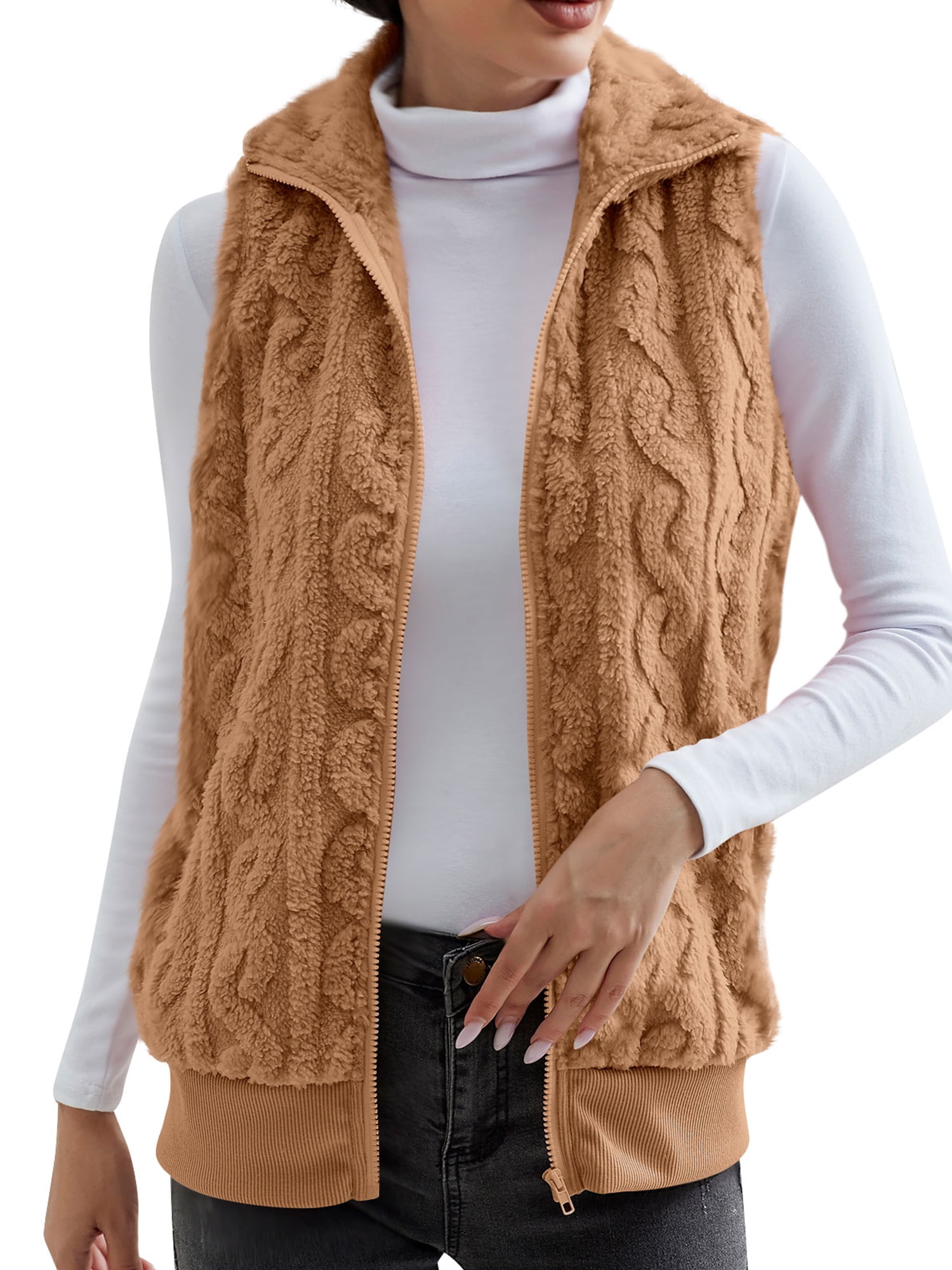 Haite Women Fleece Fuzzy Vest Sleeveless Waistcoat Stand Collar Sherpa