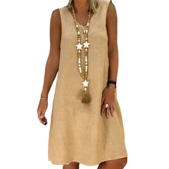 Haite Women Solid Color Cotton Midi Dress Casual Plain Tank Dresses Work Vest Tunic Sundress