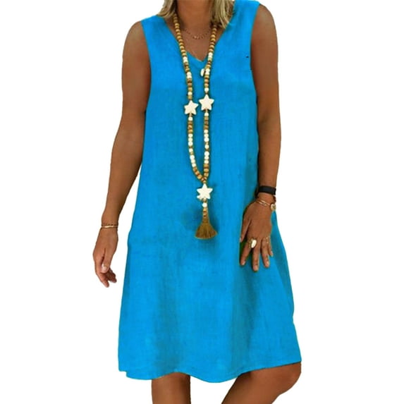 Haite Women Solid Color Cotton Midi Dress Casual Plain Tank Dresses Work Vest Tunic Sundress