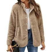 Haite Women Solid Color Jackets Long Sleeve Sherpa Fleece Coat Single Breasted Stand Collar Outwear Front Buttons Cardigan With Pockets Apricot M