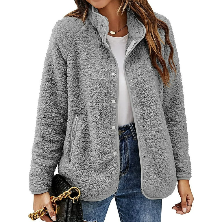 Haite Women Solid Color Jackets Long Sleeve Sherpa Fleece Coat Single  Breasted Stand Collar Outwear Front Buttons Cardigan With Pockets Grey XL