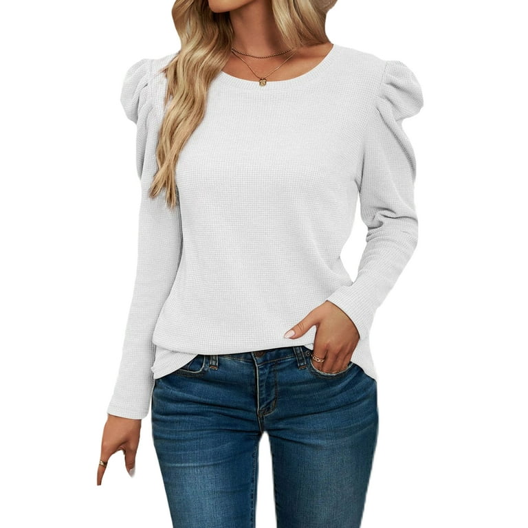 Haite Women Waffle Long Sleeve Pullover Loose Ruched T Shirt Work Solid Color Crew Neck Tee White S