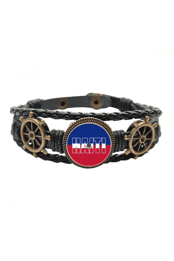 Haiti Country Flag Name Art Deco Fashion Leather Braided Ocean Bracelet Wristband