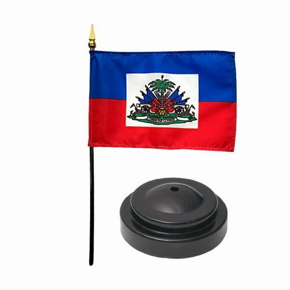 Haiti Desk Flag with Base; American Made Rayon 4x6 inch Miniature Table Set Includes One Small Mini Country Stick Flags and One Black Stand (Haiti Desk Flag and Base)